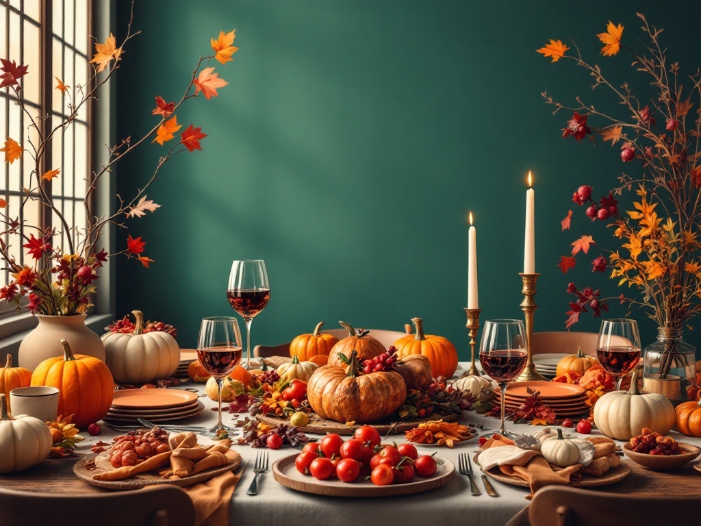 A beautifully set Thanksgiving table with pumpkins, autumn leaves, and warm colors.