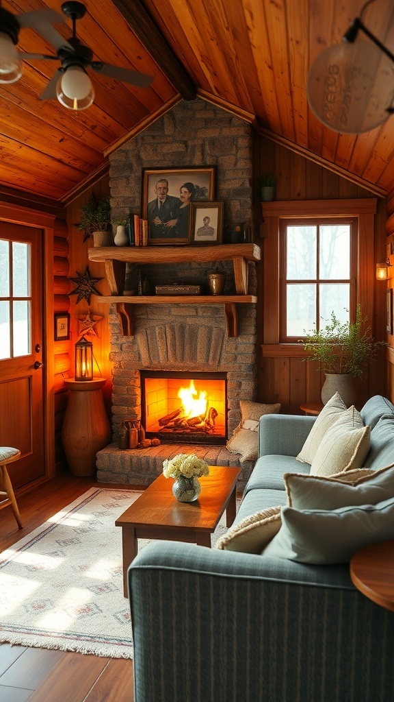 Cozy living room in a rustic tiny house with a fireplace and wooden accents.