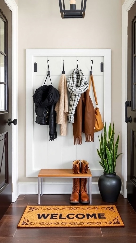 A warm entryway featuring a welcome mat, coat hooks, a wreath, and winter boots.