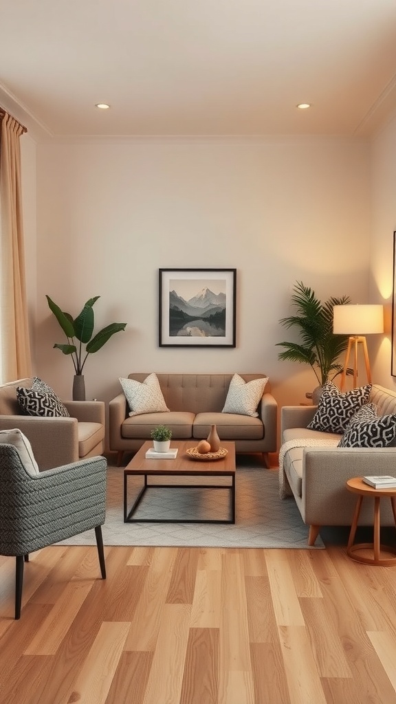A cozy living room with warm tones, featuring comfortable seating and plants.