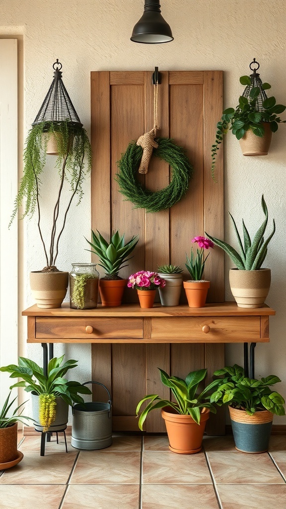 Rustic entryway table adorned with various potted plants and a wreath.