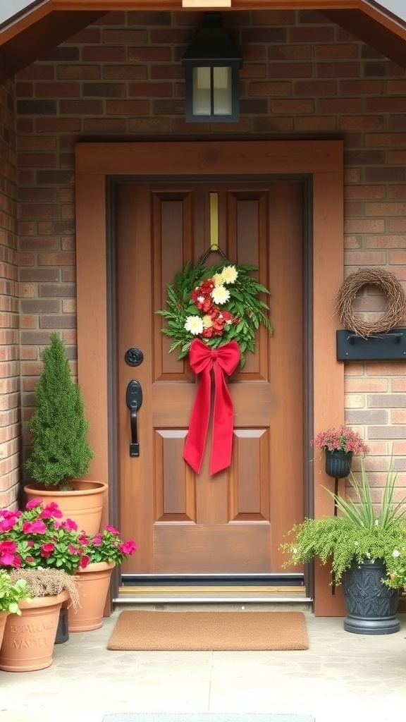 A rustic front door decorated with a wreath and surrounded by potted plants.