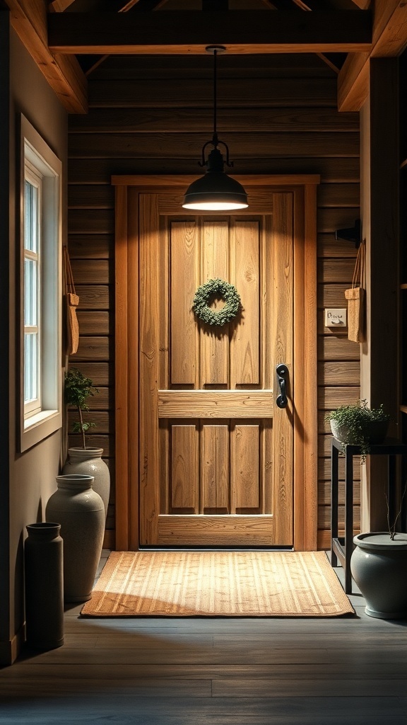 A cozy farmhouse entryway with a wooden door, pendant light, and decorative elements.