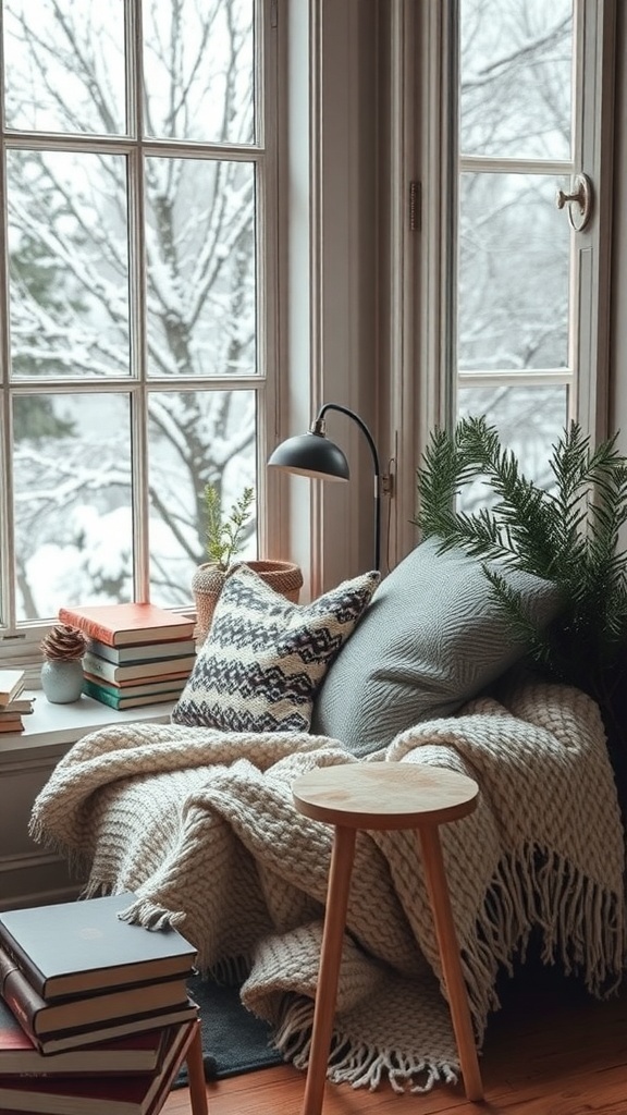 A cozy reading nook with a chair, blankets, books, and a snowy view outside.