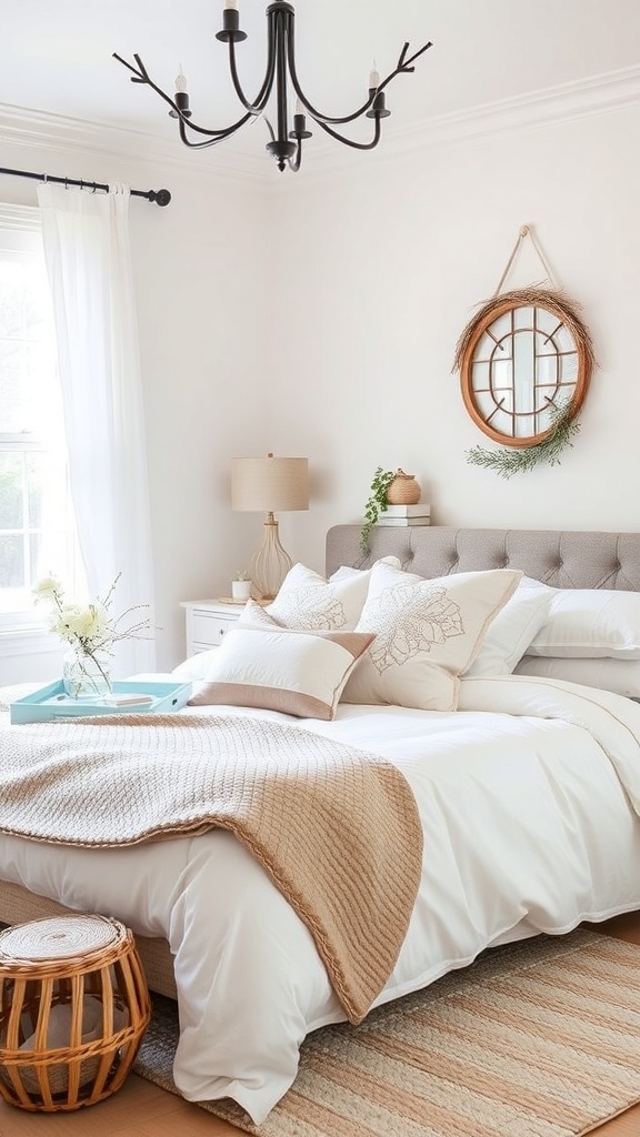 Cozy winter bedroom with layered bedding and warm decor