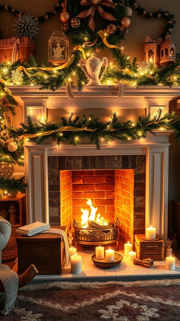 A beautifully decorated winter fireplace with candles and festive lights.