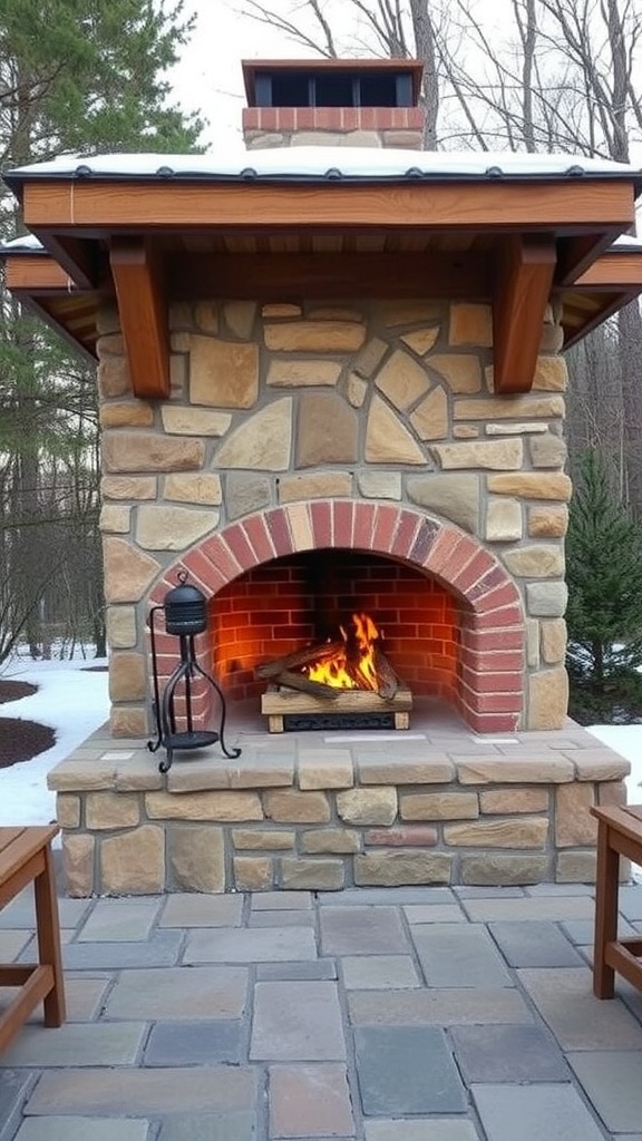 A rustic outdoor fireplace made of stone with a warm fire burning inside.
