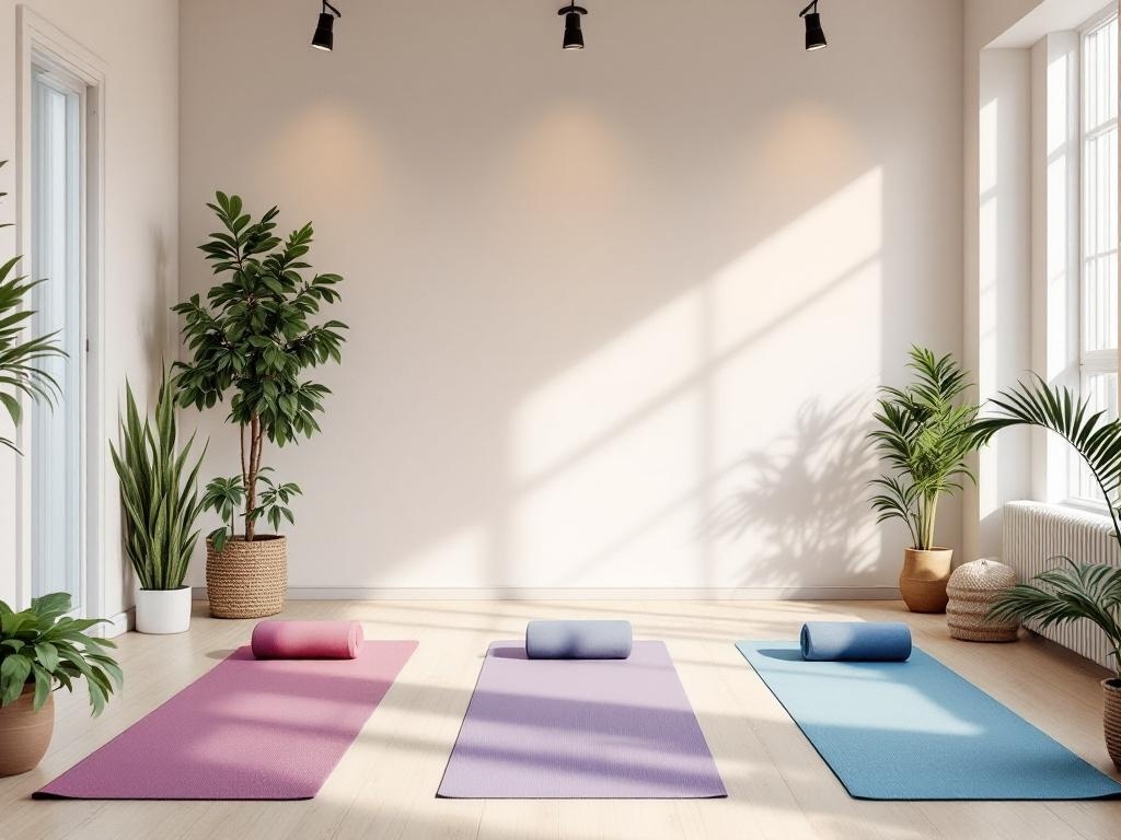 A bright home gym with yoga mats in pastel colors and indoor plants.