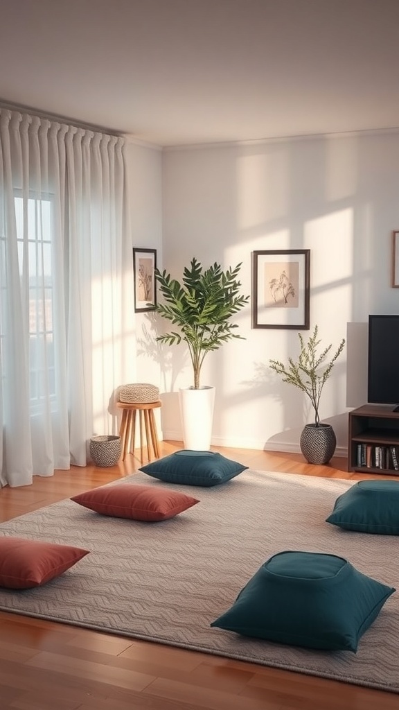 A cozy zen corner in a living room with cushions, plants, and natural light.