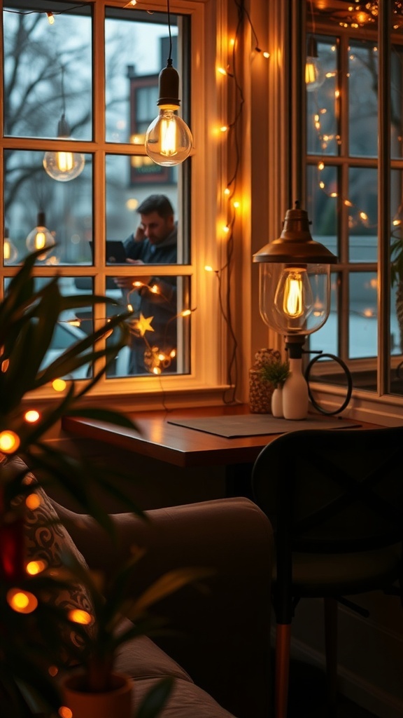 Cozy coffee nook with warm lighting and plants