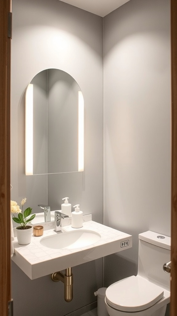 A small bathroom featuring a large mirror above the sink, reflecting light and creating an illusion of space.