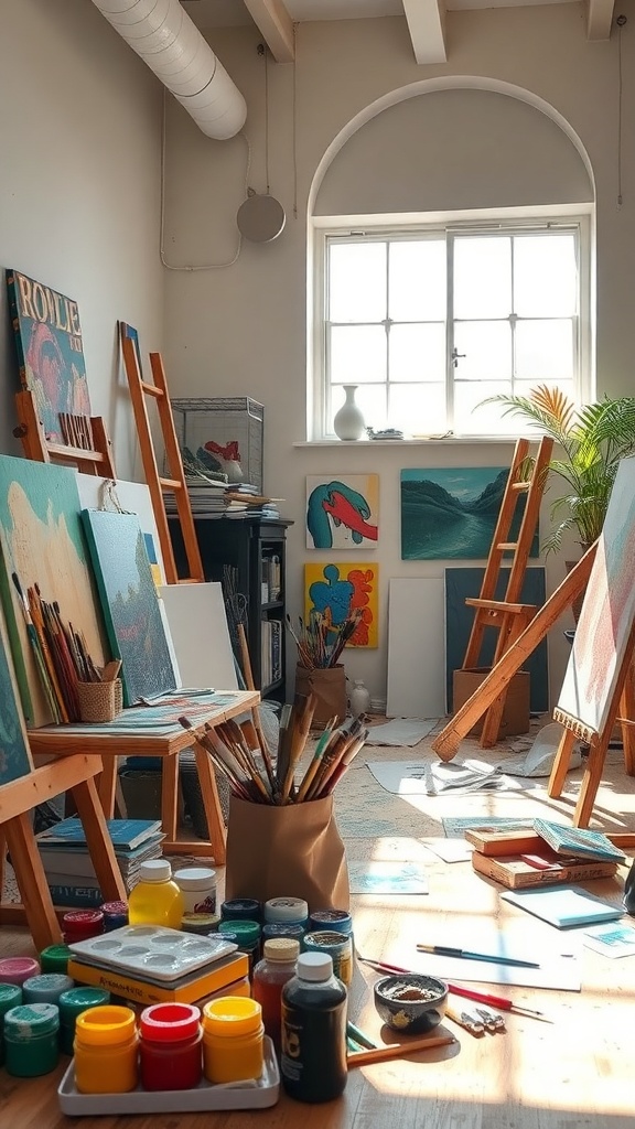 An artist's workspace filled with easels, colorful paintings, and art supplies, illuminated by natural light.