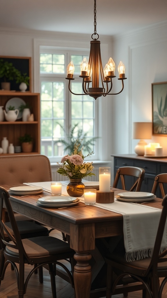 A modern farmhouse dining room with a wooden table, candles, and a floral centerpiece.