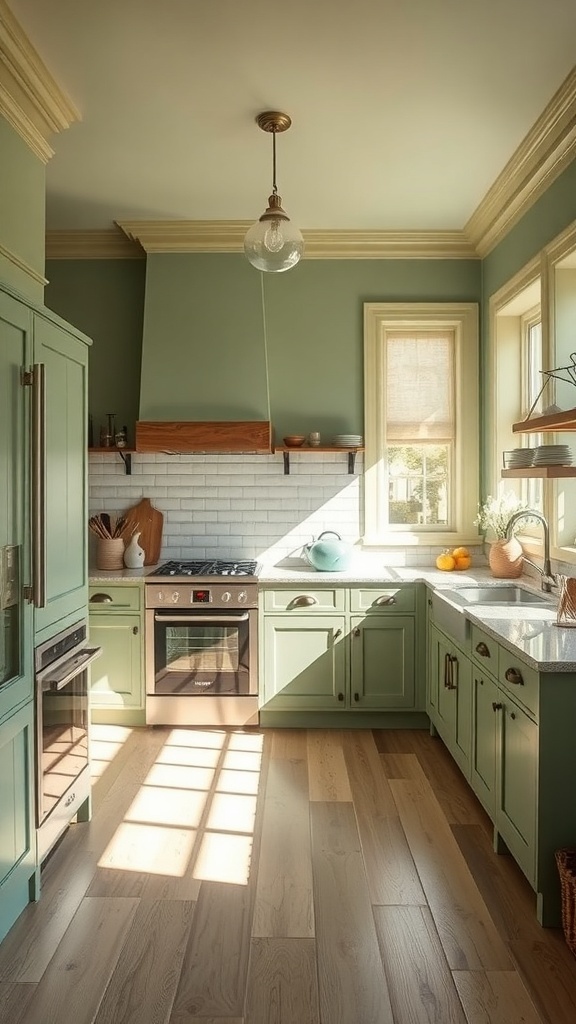 Sage green farmhouse kitchen with natural wood accents and bright light.