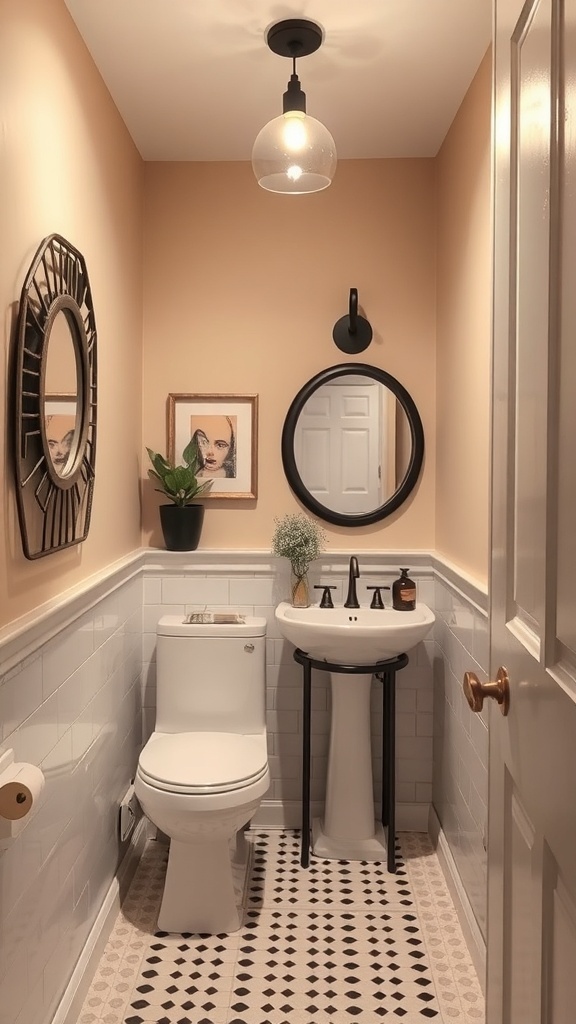 A small bathroom with peach walls, modern fixtures, and decorative elements.