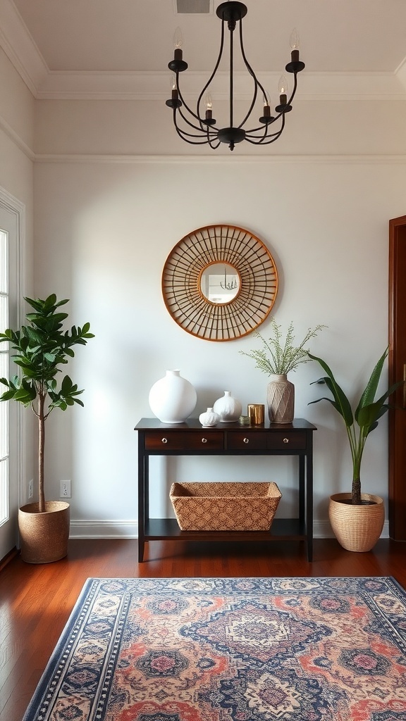 A stylish entryway with a console table, decorative items, plants, and a mirror.