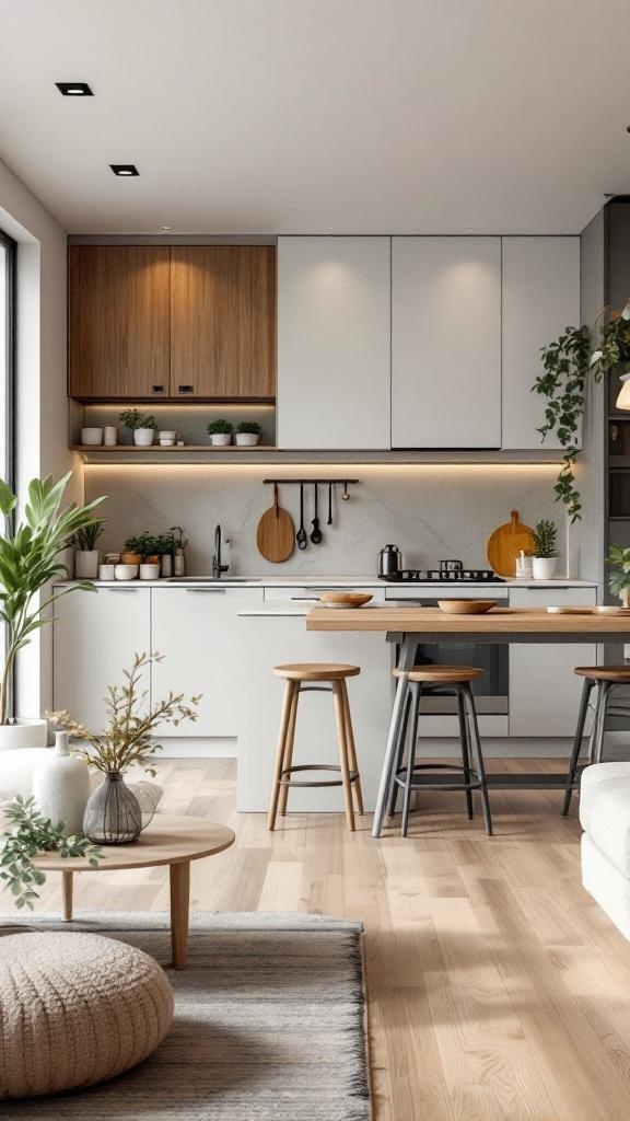 Modern small kitchen with open shelving, natural light, and minimalist furniture.