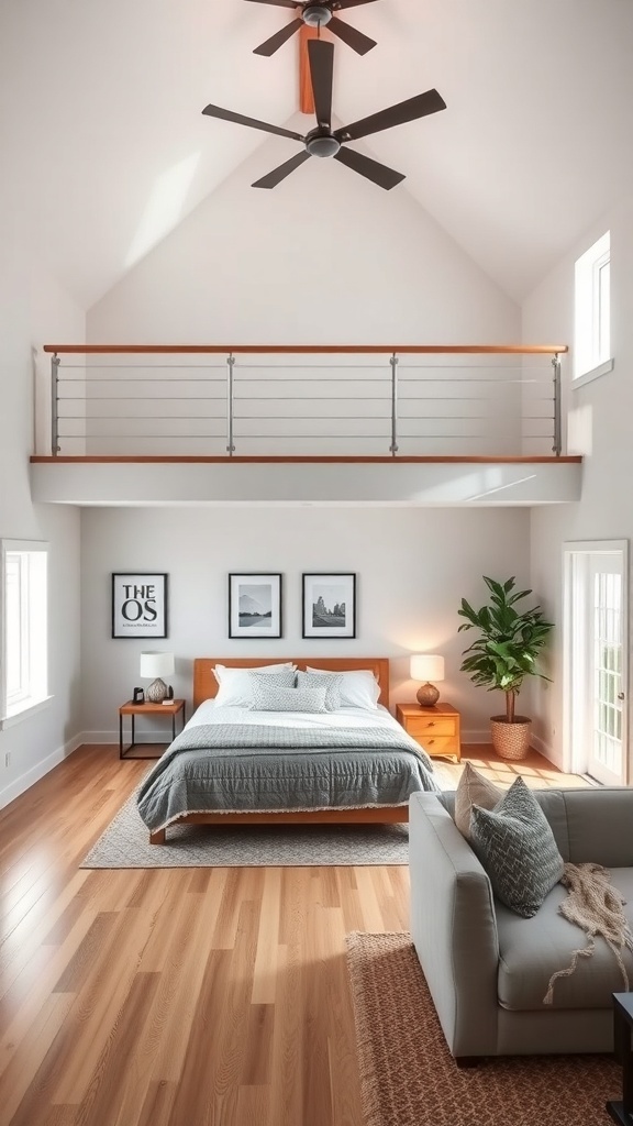 A bright loft bedroom with high ceilings, a cozy bed, and a small seating area.