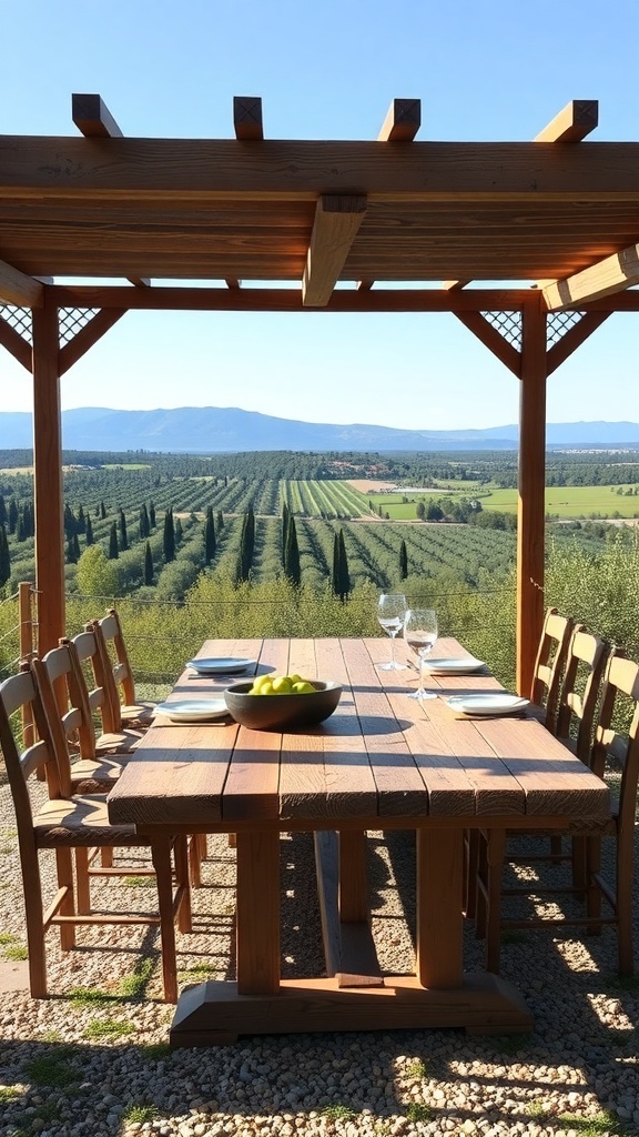A rustic farmhouse dining table set outdoors with a scenic view.