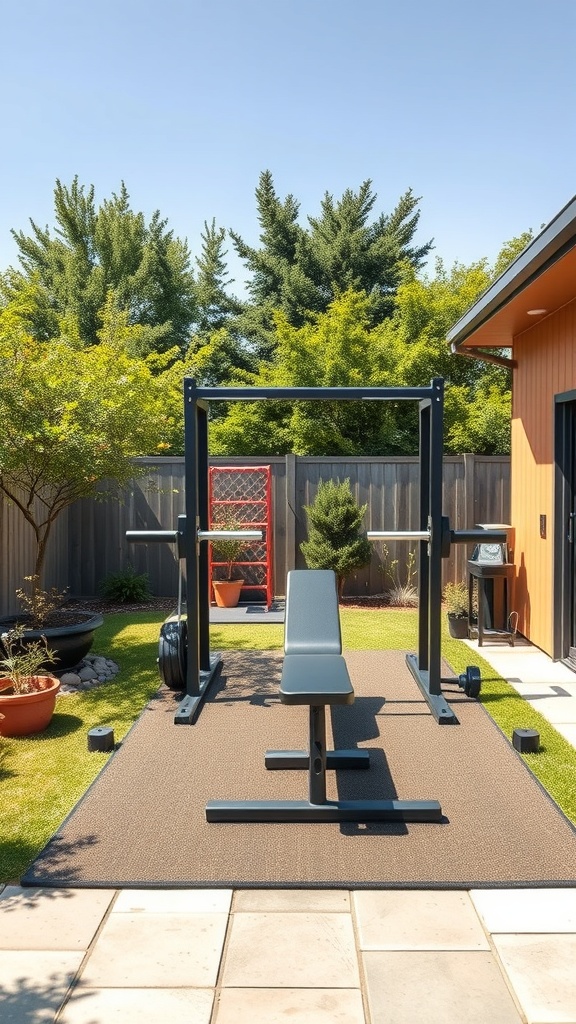 An outdoor home gym featuring a bench and squat rack surrounded by greenery.