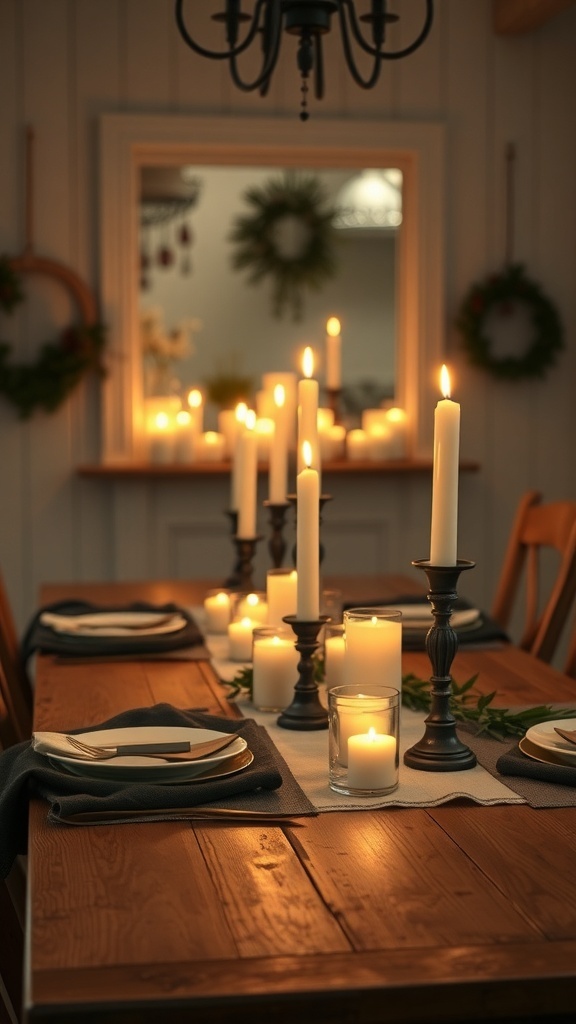 A beautifully set dining table with candles, creating a cozy atmosphere.