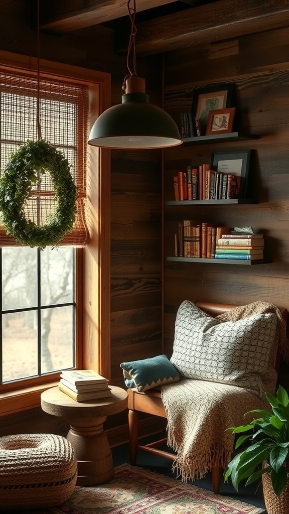 A cozy nook with a wooden chair, decorative pillows, and a warm light.