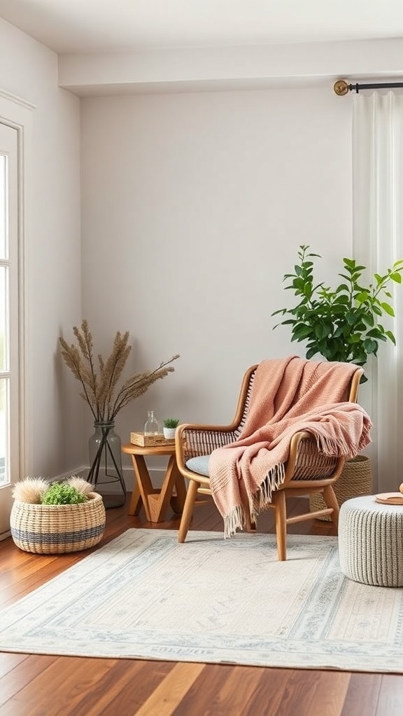Cozy nook in a modern farmhouse living room with a chair, blanket, and plants.