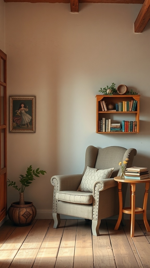 Cozy reading corner with a comfortable chair, a small table, and bookshelves.
