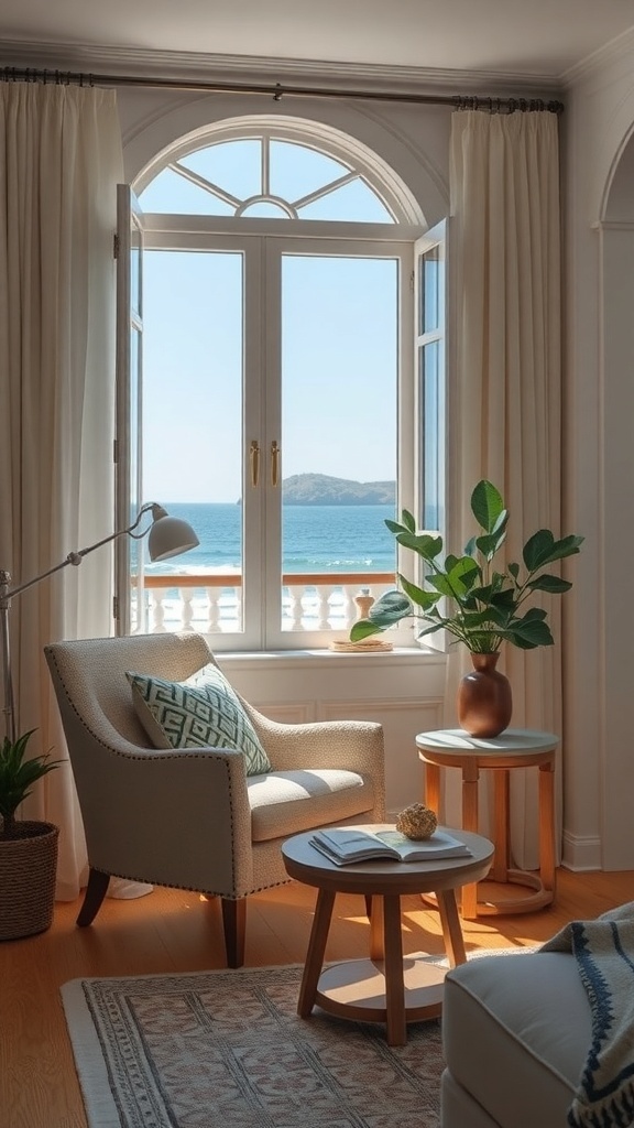 Cozy reading nook in a coastal cottage with a chair, table, and ocean view