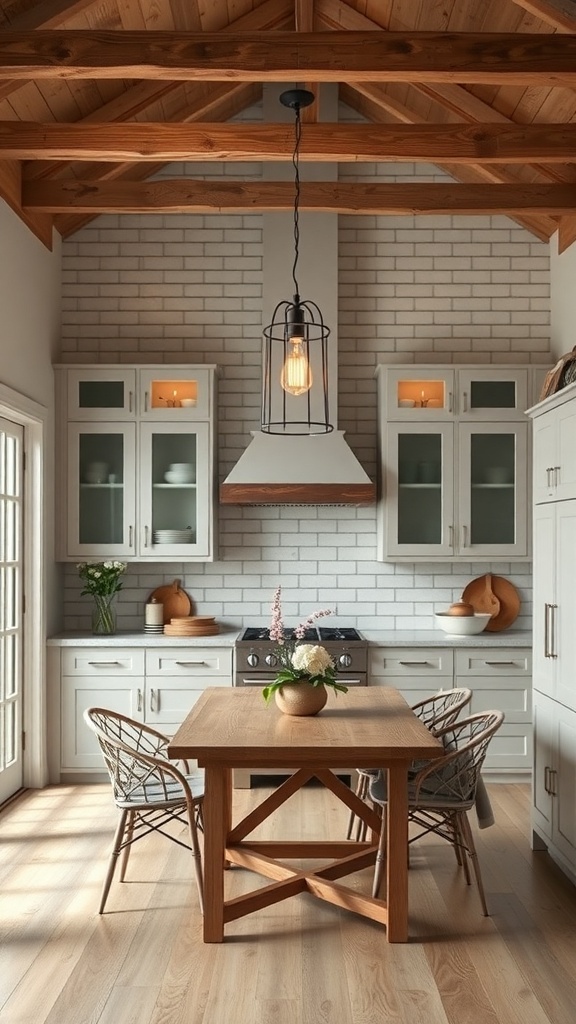 Modern farmhouse kitchen with a pendant light above a wooden dining table.