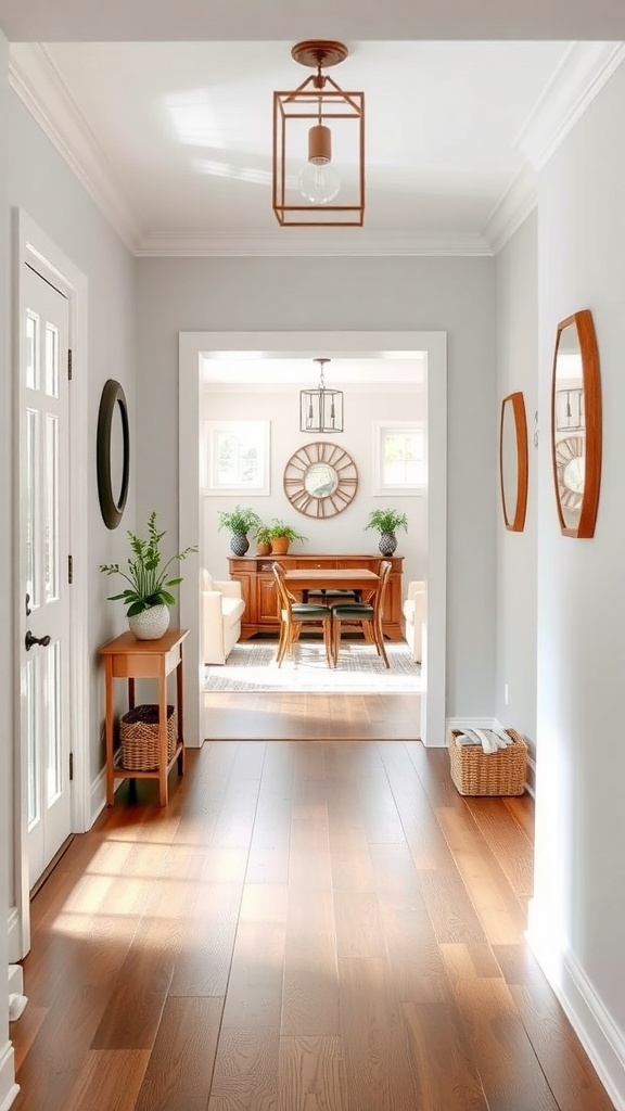 Bright and inviting farmhouse entryway with wooden floors, plants, and mirrors.