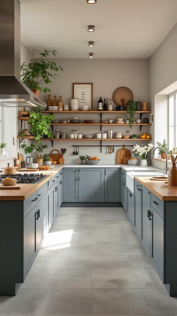 A modern galley kitchen with gray cabinets, wooden countertops, and open shelving filled with plants and kitchenware.