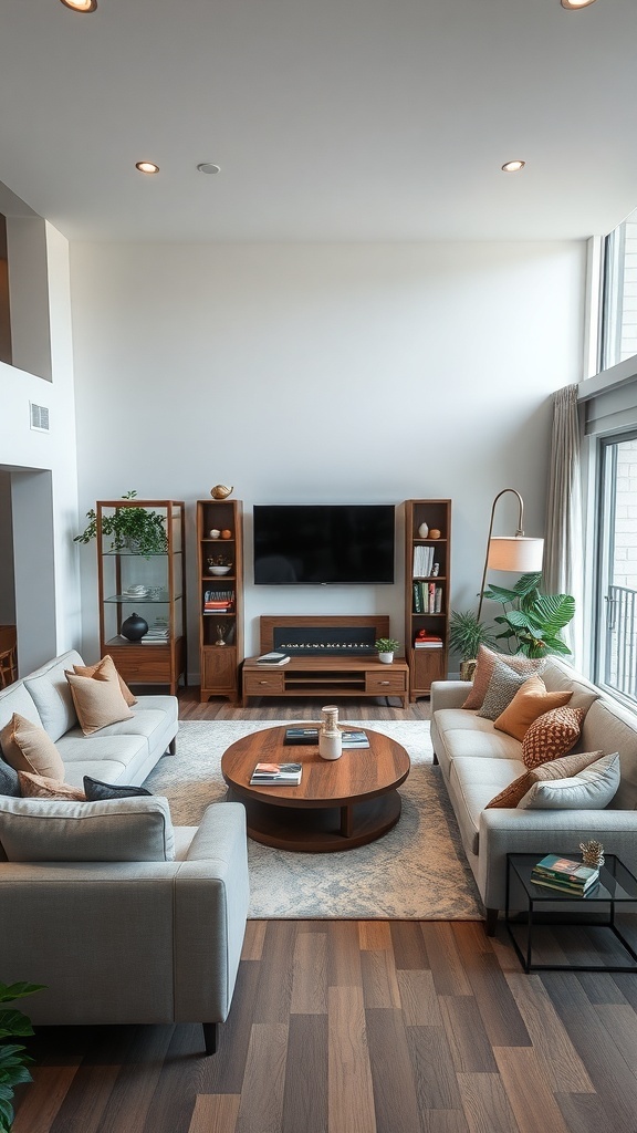 A modern living room with separate seating areas and a cozy reading nook.