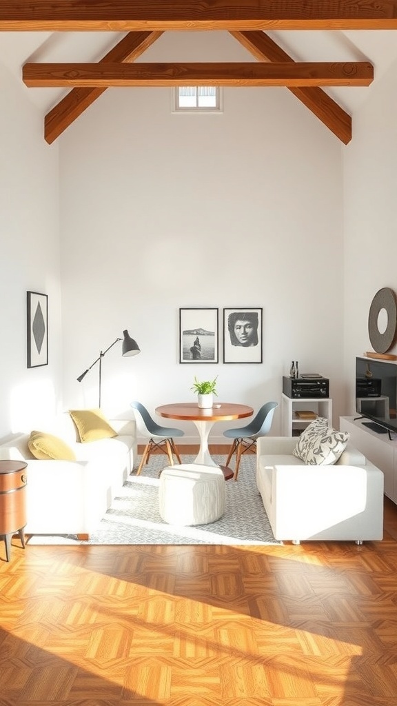 Small living and dining room with white sofas, round table, and wooden beams.