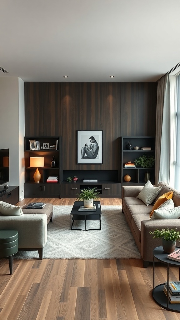 Modern living room with a cozy furniture arrangement, featuring a sofa, coffee table, and reading nook.