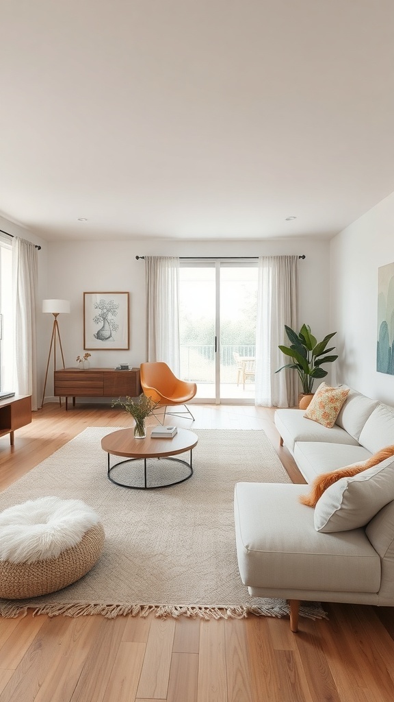 A soft neutral living space with a large rug, cozy furniture, and natural light.