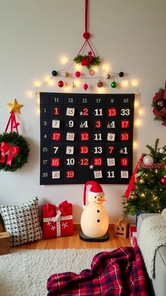 A creative advent calendar display with colorful numbers, lights, and stockings in a cozy living room.