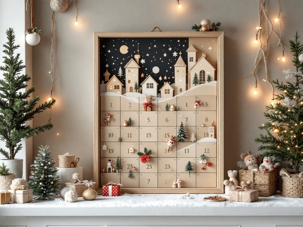 A creative advent calendar display featuring a wooden frame with a winter village scene, surrounded by festive decorations.
