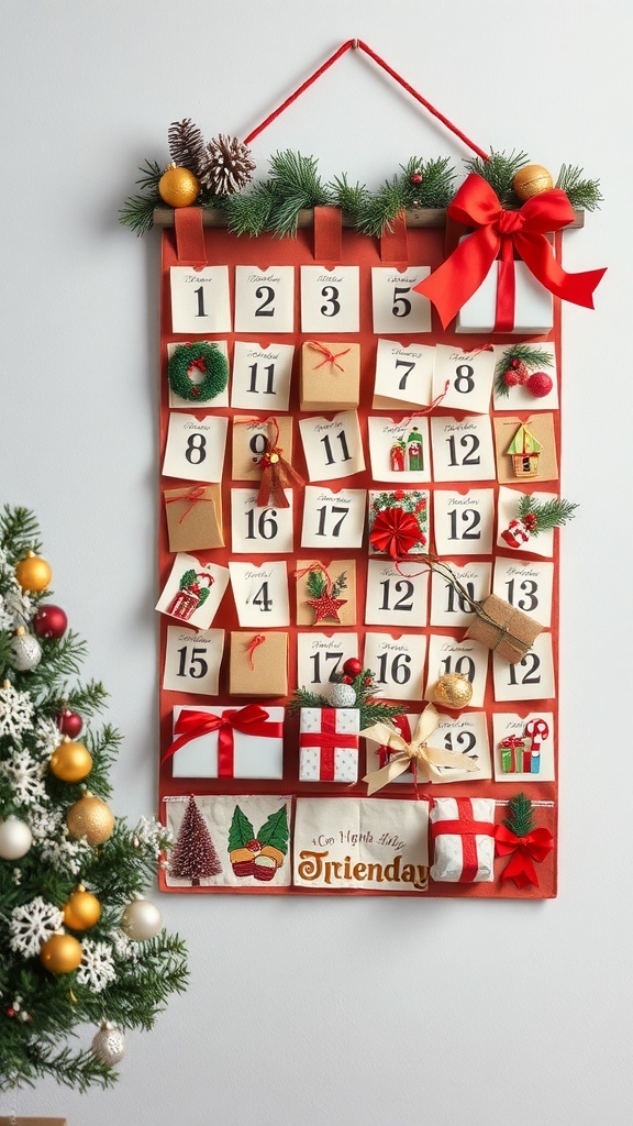 A creative advent calendar with festive decorations, featuring numbered pockets and small gifts, displayed beside a Christmas tree.