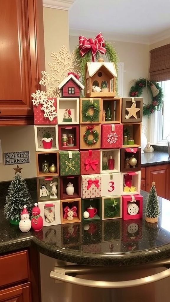 Colorful advent calendar with decorated boxes and festive elements on a kitchen countertop.