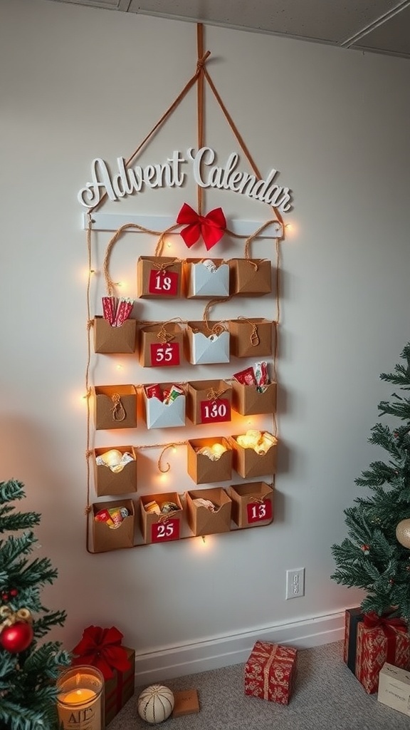 A creative advent calendar decorated with lights and small boxes.