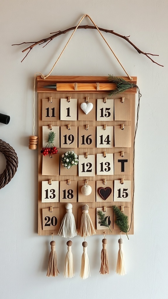 A creative boho-style advent calendar made of wood with natural decorations.