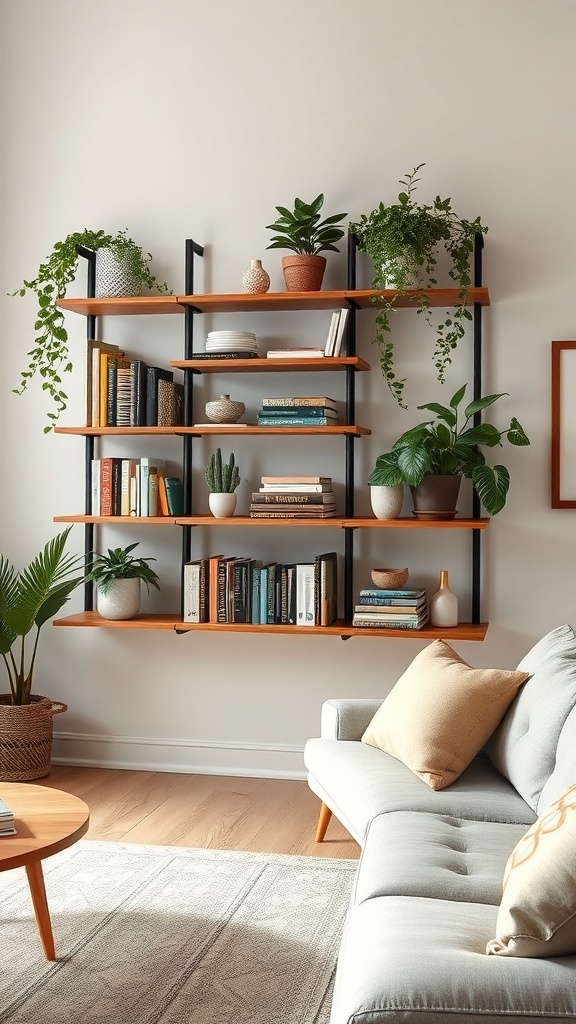 A stylish floating bookshelf with books and plants, enhancing a cozy living space.