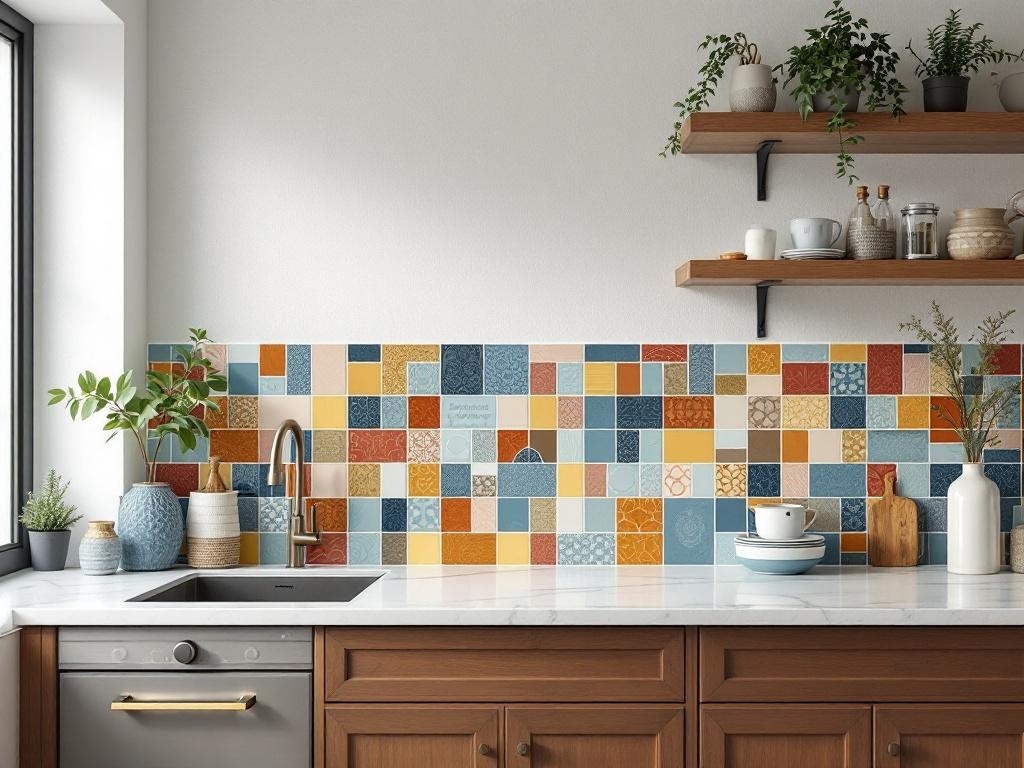 A colorful and creative kitchen backsplash featuring various patterned tiles in blue, orange, and yellow, with wooden shelves and plants.