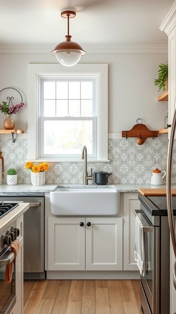 A cozy small farmhouse kitchen featuring a stylish backsplash.
