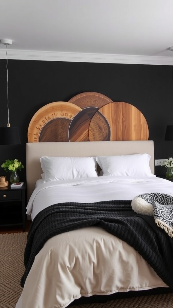 A stylish black bedroom featuring a unique wooden circle headboard against a black wall.