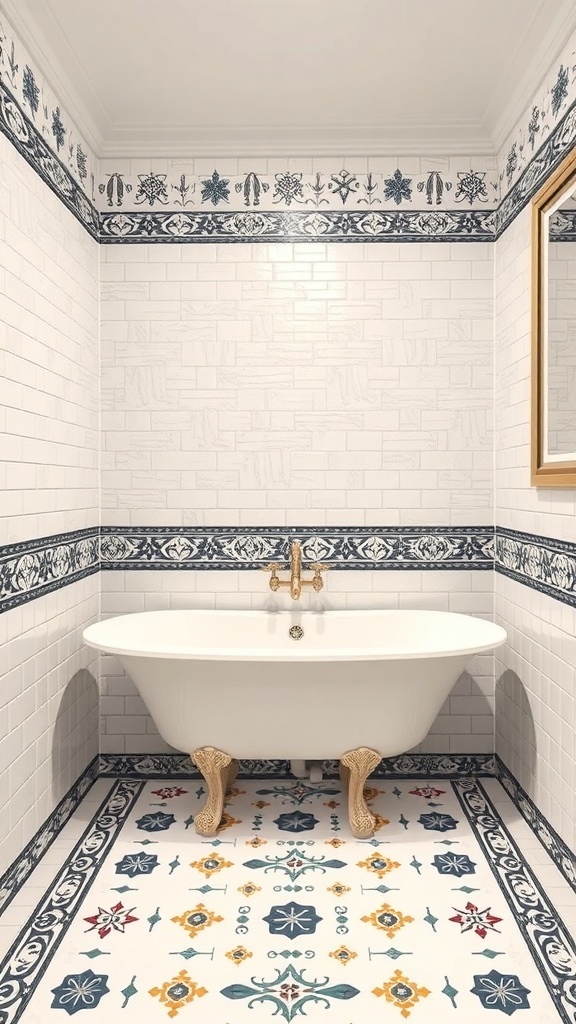 Bathroom with decorative tile border and patterned floor