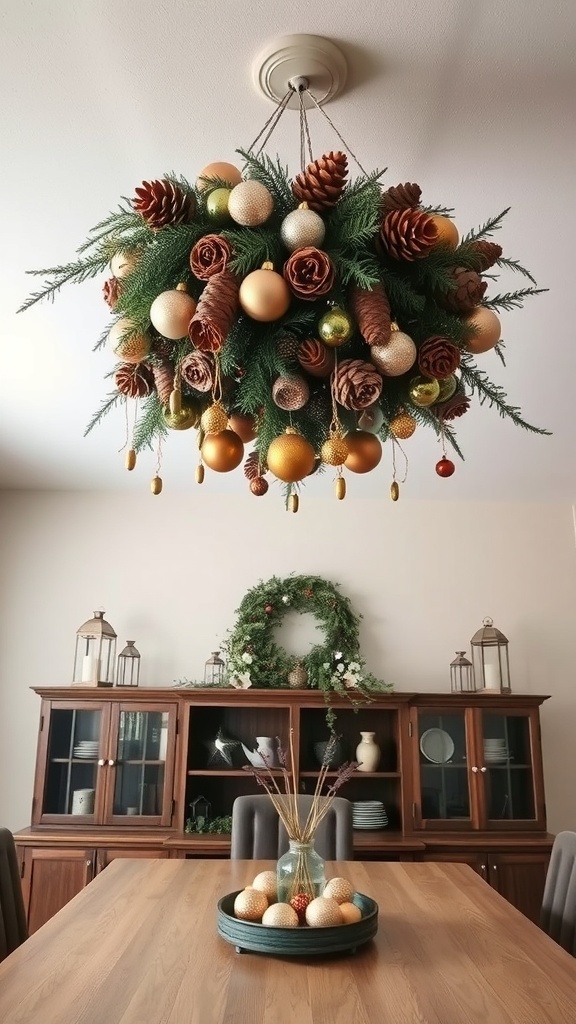 A festive ceiling centerpiece made of pinecones and ornaments, hanging above a dining table.