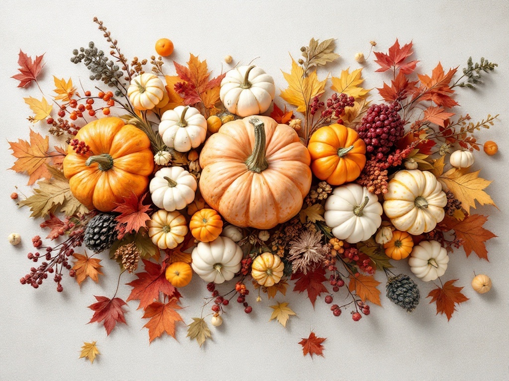 A beautiful Thanksgiving centerpiece featuring pumpkins, autumn leaves, and berries.