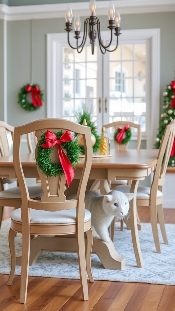 A beautifully decorated dining room with festive wreaths on chairs and a cat exploring.
